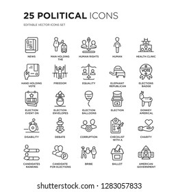 Set Of 25 Political Linear Icons Such As News, Man Holding The Vote Paper On Box, Human Rights, Human, Health Clinic, Vector Illustration Of Trendy Icon Pack. Line Icons With Thin Line Stroke.