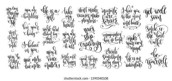 set of 25 positive quotes design, motivation and inspiration hand lettering calligraphy text vector illustration collection