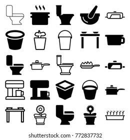 Set of 25 pot filled and outline icons such as bucket, toilet, pan, pot, table with plates and pan, coffee machine