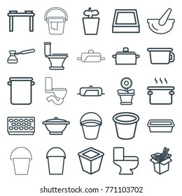 Set of 25 pot outline icons such as pan, bucket, toilet, pot, table with plates and pan, noodles fast food