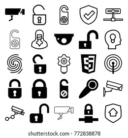 Set of 25 privacy filled and outline icons such as lock, do not disturb, open lock, shield, door knob, security camera, gear keyhole, head with keyhole, censored woman, camera
