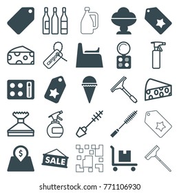Set of 25 product filled and outline icons such as tag, eyeshadow palette, ice cream, cargo on cart, sale, lot price, cheese, spray bottle, mascara, window squeegee, cargo tag