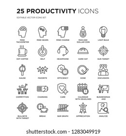 Set of 25 Productivity linear icons such as Mind tachometer, gears, Charge, Man and dollar coin, Light bulb, vector illustration of trendy icon pack. Line icons with thin line stroke.