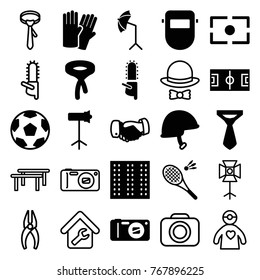 Set of 25 professional filled and outline icons such as field, glove, tie, handshake, welder mask, chainsaw, movie tape, football pitch, helmet, camera, studio umbrella