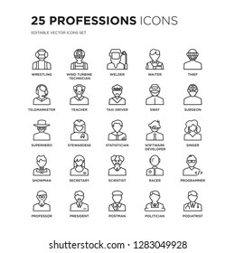 Set of 25 Professions linear icons such as Wrestling, Wind Turbine Technician, Welder, Waiter, Thief, Surgeon, Singer, vector illustration of trendy icon pack. Line icons with thin line stroke.