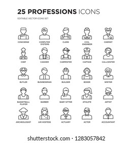 Set of 25 Professions linear icons such as Concierge, Computer Systems Analyst, Clerk, Civil Engineer, Chemist, Callcenter, vector illustration of trendy icon pack. Line icons with thin line stroke.