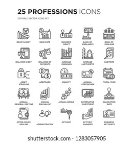 Set of 25 Professions linear icons such as Bear market, Base rate, Banker's draft, Bank England's inflation report, vector illustration of trendy icon pack. Line icons with thin line stroke.