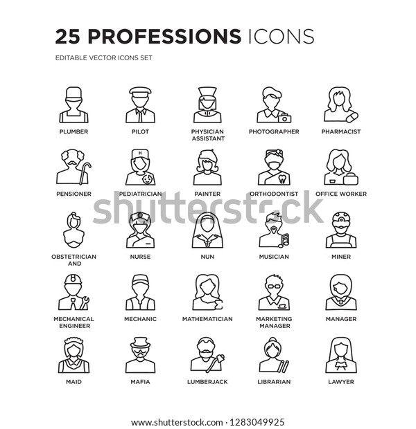 Set of 25 Professions linear icons such as Plumber,\
Pilot, Physician Assistant, Photographer, Pharmacist, Office\
worker, Miner, vector illustration of trendy icon pack. Line icons\
with thin line