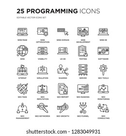 Set of 25 Programming linear icons such as Web page, optimization, domain, development, de, Software, vector illustration of trendy icon pack. Line icons with thin line stroke.