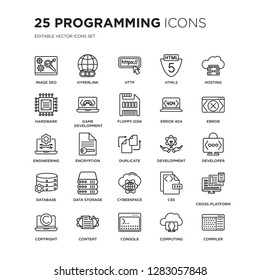 Set of 25 Programming linear icons such as Image SEO, Hyperlink, Http, Html5, Hosting, Error, Developer, Cross-platform, vector illustration of trendy icon pack. Line icons with thin line stroke.