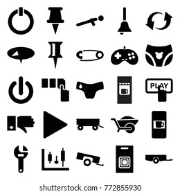 Set of 25 push filled icons such as barrow, vending machine, children panties, finger pressing play button, push button, pin, wrench, panel control, wheelbarrow, push up