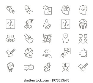 Set of 25 puzzle related icons. Vector thin line graphic elements related with solutions, business, strategies and creative problems and solutions