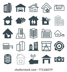 Set of 25 real filled and outline icons such as house, business center, family house, arrow up, home with heart, building, home key, garage, window