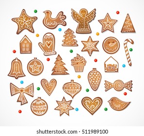 Set of 25 realistic gingerbread cookies isolated on white background. Vector illustration.