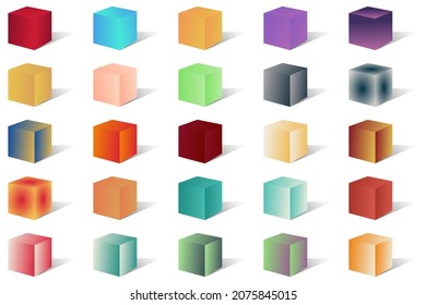 Set of 25 realistic gradient cubes with shadow isolated on white background. Vector imitation of 3D effect. Geometric shapes in various shades of color.