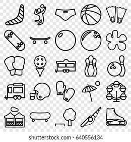 set of 25 recreation outline icons such as boomerang, trailer, pergola, umbrella, man swim wear, volleyball player, skateboard, skate board, bowling