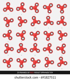 Set of the 25 red fidget spinners. Frames of the spinner toy for rotating animation.