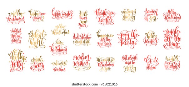 set of 25 red and gold hand lettering inscription celebration quotes to winter holiday and christmas design, calligraphy vector illustration collection