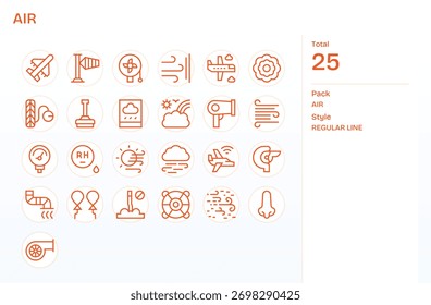 Conjunto de 25 íconos de línea regular temáticos en torno a Air, diseñados para una integración perfecta en App y Sitios web.
