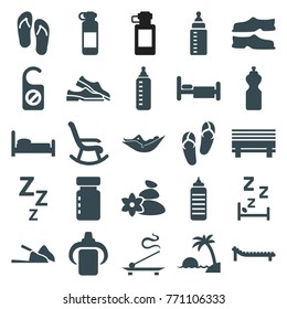 Set of 25 relax filled icons such as baby bottle, woman in hammock, flip flops, slippers, rocking chair, bed, bottle for fitness, fitness bottle, zzz, bench, sunbed, island