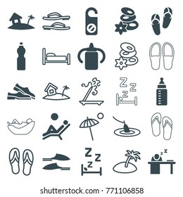 Set of 25 relax filled and outline icons such as baby bottle, flip flops, spa stones, do not disturb, slippers, man sleeping on table, home on island, man laying in the sun
