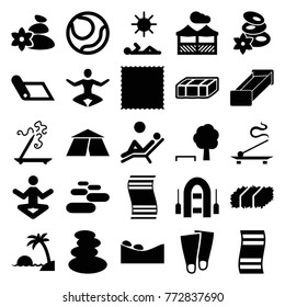 Set of 25 relaxation filled icons such as garden bench, spa stones, aroma stick, carpet, tree and bench, volleyball, yoga, fitness carpet, pergola, man laying in sun