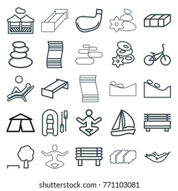 Set of 25 relaxation outline icons such as garden bench, spa stones, woman in hammock, spa stone, inflatable boat, tree and bench, sailboat, yoga, fitness carpet, bench