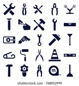 Set of 25 repair filled icons such as pin, plunger, screw, wrench, cone, hummer, roller, level ruler, pliers, trowel, wrench and screwdriver, gear keyhole, screwdriver