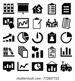 Set of 25 report filled icons such as graph, paper, binder, chart, pie chart, dolar growth, clipboard, graph on board, checklist, hand on graph, tv van, chart on display