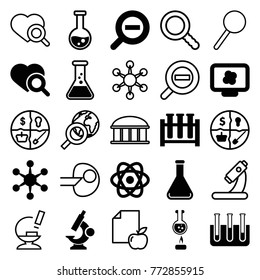 Set of 25 research filled and outline icons such as heart search, atom, test tube, atom on display, marketing, virus, zoom out, observatory, paper and apple, microscope, core