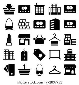Set of 25 retail filled icons such as credit card, modern curved building, building, business center, hanger, bag, shopping basket, store, shop, tag