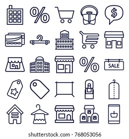 Set of 25 retail outline icons such as building, building   isolated  sign symbol, hanger, clothes on hanger, bag, shopping cart, tag, online shopping, store, percent