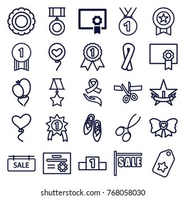 Set of 25 ribbon outline icons such as diploma, ribbon, manicure scissors, tag, sale, medal, heart baloons, bow, award, sale tag, 1st place star, ballet shoes, ranking