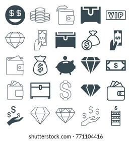 Set of 25 rich filled and outline icons such as gem, money, chest, dollar smiley, piggy bank, vip, coin, wallet, money bag, payment, diamond, wallet