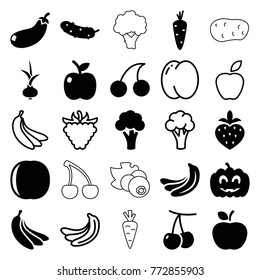 Set of 25 ripe filled and outline icons such as carrot, cherry, banana, cauliflower, cherry, cucumber, strawberry, pumpkin haloween, apple, peach, raspberry, onion, eggplant