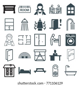 Set of 25 room filled and outline icons such as window, maid, table, bed, man working at the table, meeting, washing machine, door warning, baby changing room, door