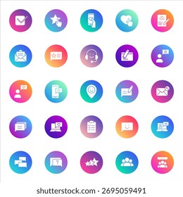Conjunto de ícones de glifo de 25 círculos de comunicação e IU em estilo branco em planos de fundo gradientes coloridos. Inclui mensagens, interação, comentários e símbolos do usuário para aplicativos e design da Web.