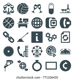 Set of 25 round filled icons such as reload, blade saw, info, carousel, ring, ferris wheel, pizza, coin, basketball, belt, qround the globe, clink glasses, gear, arm lever