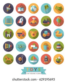 Set of 25 round flat design long shadow children toys icons