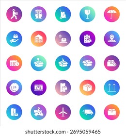 Set of 25 round logistics and delivery glyph icons in white style on colorful gradient backgrounds. Includes shipping, tracking, packaging, and courier symbols for UI, apps, and web design.