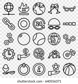 set of 25 round outline icons such as globe, boiled egg, basketball, no fire, 24 support, clink glasses, disc on fire, clock in gear, pizza, switch off, info