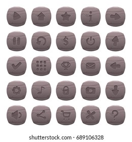 Set of 25 round rock, stone icons isolated on white background for game user interface. Mobile app vector elements template.