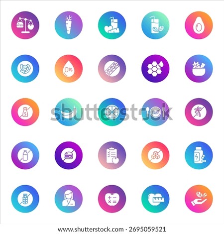 Set of 25 round wellness and nutrition glyph icons in white style on colorful gradient backgrounds. Includes food, fitness, health, and lifestyle symbols for UI, apps, and web design.