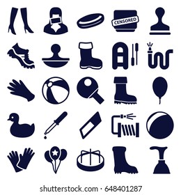 set of 25 rubber filled icons such as boot, duck, beach ball, child playground carousel, gloves, plunger, woman boots, stamp, water hose, pipette