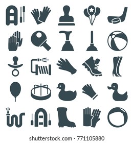 Set of 25 rubber filled icons such as duck, beach ball, child playground carousel, glove, gloves, plunger, boot, inflatable boat, water hose, balloon, hockey stick and puck