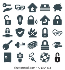 Set of 25 safe filled icons such as key, lock, welding glasses, shield, money, safe, gear keyhole, no fire, keyhole, lock home, key on hand, lifebuoy