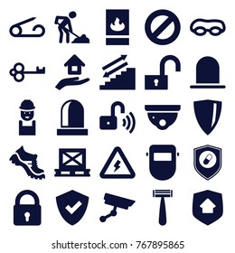 Set of 25 safety filled icons such as siren, lock, pin, razor, security camera, boot, worker, digging man, welder mask, shield, key, swimming glasses, stairs, cargo on palette