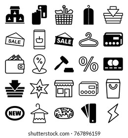 Set of 25 sale filled and outline icons such as tag, credit card, clothes on hanger, creadit card payment, shopping basket, new, sale, auction, building, hanger, explosion