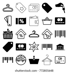 Set of 25 sale filled and outline icons such as tag, barcode, bar code, shopping bag, hanger, hand with key, credit card, explosion, donut, home key, mortgage, home