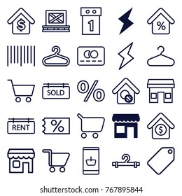 Set of 25 sale outline icons such as flash, store, hanger, tag, credit card, shopping cart, online shopping, washing machine on sale, percent, cargo on palette, bar code